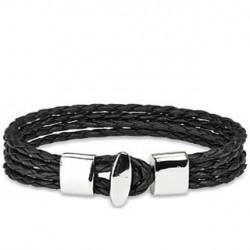 BRACELET POUR HOMME FEMME ADO 4 LIENS EN CUIR TRESSE NOIR ET FERMOIR EN ACIER NEUF ►76