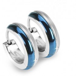 PAIRE BOUCLES D'OREILLES CREOLE POUR HOMME FEMME ADO EN ACIER 1 LIGNE PLAQUE BLEU NEUF 014