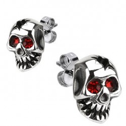 PAIRE BOUCLE D'OREILLE HOMME ADO ACIER TETE DE MORT DEMON YEUX ROUGE GOTHIQUE BIKER NEUVE 106