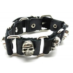 BRACELET HOMME FEMME ADO CUIR TETE DE MORT FRANKENSTEIN ACIER AJUSTABLE GOTHIQUE BIKER NEUF 0142