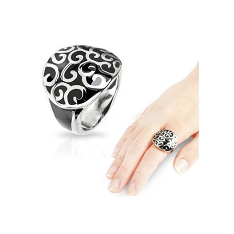 BAGUE ANNEAU CHIC POUR FEMME ADO ACIER AGATE ONYX NOIR A SPIRALES NEUVE 1005