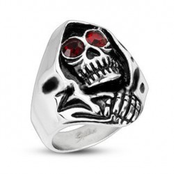 BAGUE POUR HOMME ACIER TETE DE MORT ET YEUX ZIRCON ROUGE REAPER BIKER GOTHIQUE NEUVE 2178