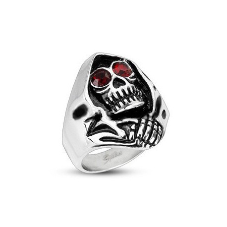 BAGUE POUR HOMME ACIER TETE DE MORT ET YEUX ZIRCON ROUGE REAPER BIKER GOTHIQUE NEUVE 2178