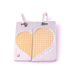 PENDENTIFS COEUR SECABLE SE SEPARANT EN 2 POUR COUPLE AMOUREUX EN ACIER ET PLAQUE OR 18 CARATS + 2 CHAINES BOULES NEUF