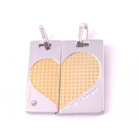 PENDENTIFS COEUR SECABLE SE SEPARANT EN 2 POUR COUPLE AMOUREUX EN ACIER ET PLAQUE OR 18 CARATS + 2 CHAINES BOULES NEUF