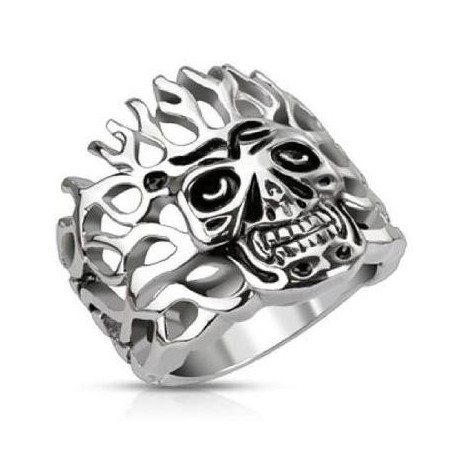 BAGUE POUR HOMME ACIER MASSIF TETE DE MORT ENFLAMMEE GOTH BIKER GOTHIQUE NEUVE 5145