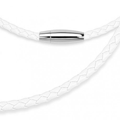 CHAINE COLLIER CORDON HOMME FEMME CUIR TRESSE & FERMOIR ACIER AIMANTE BLANC PAS CHER NEUF 9005