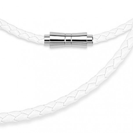 CHAINE COLLIER CORDON HOMME FEMME CUIR TRESSE & FERMOIR ACIER AIMANTE BLANC PAS CHER NEUF 9021