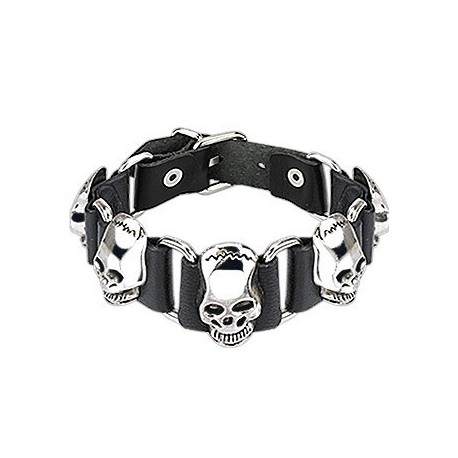 BRACELET HOMME FEMME ADO CUIR TETE DE MORT ACIER AJUSTABLE GOTHIQUE BIKER 0142