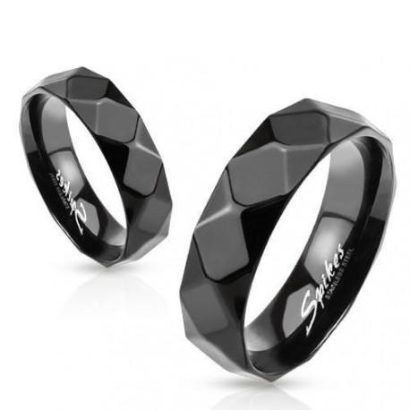 BAGUE ANNEAU POUR HOMME FEMME ADO ACIER PLAQUE NOIR FACETTES LOSANGE NEUVE PAS CHER 2756