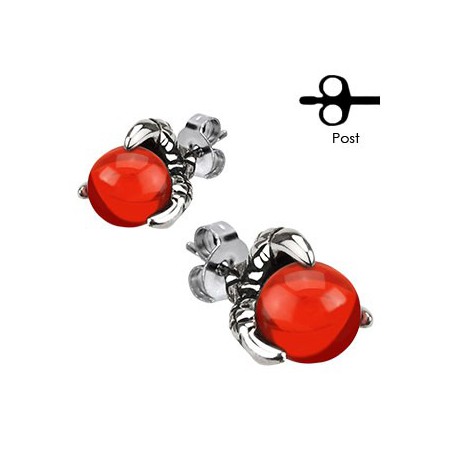 PAIRE BOUCLE D'OREILLE POUR HOMME FEMME ACIER GRIFFE DRAGON PERLE ROUGE NEUVE 117