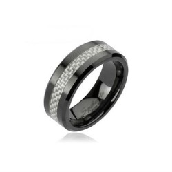 BAGUE ANNEAU HOMME EN CERAMIQUE NOIR & BANDE FIBRE DE CARBONE DAMIER NEUVE