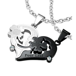 PENDENTIF FEMME ACIER CŒUR ACIER NOIR COUPLE SÉCABLE TRÈFLE + 2 CHAINES NEUF