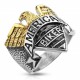 Two-tone steel and gold-plated American eagle biker ring for men