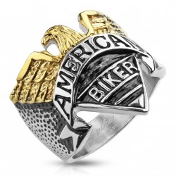 BAGUE HOMME ACIER MASSIF & PLAQUE OR AIGLE AMERICAN BIKER NEUVE