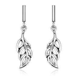 PAIRE BOUCLES D'OREILLES FEMME PENDANTES ACIER FEUILLES CHIC NEUVE