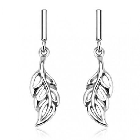 PAIRE BOUCLES D'OREILLES FEMME PENDANTES ACIER FEUILLES CHIC NEUVE