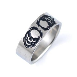 BAGUE ANNEAU HOMME ACIER MASSIF & TETE DE MORT ENFLAMMEE NOIR BIKER NEUVE