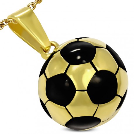 PENDENTIF HOMME PLAQUE OR & NOIR FORME BALLON DE FOOT FOOTBALL + 1 CHAINE NEUF