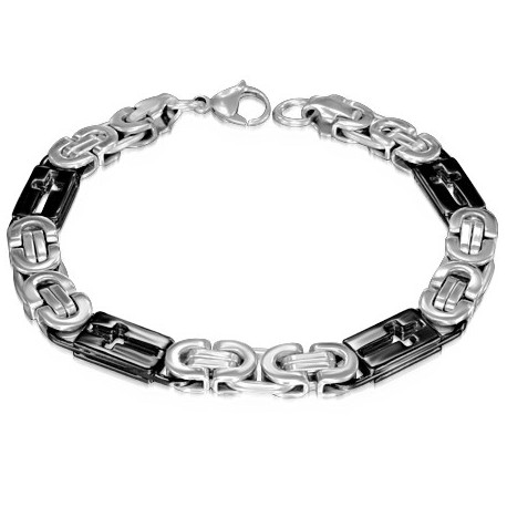 BRACELET HOMME ACIER MAILLE BYZANTIN & CROIX LATINE PLAQUE NOIR