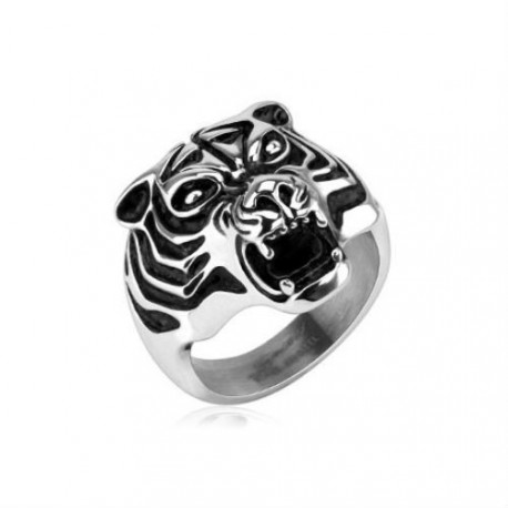 BAGUE HOMME ACIER MASSIF TETE DE TIGRE GUEULE OUVERTE ORIGINALE