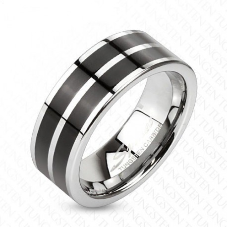 BAGUE ANNEAU DE FIANCAILLE HOMME VIRIL TUNGSTENE ARGENT & 2 BANDES NOIR