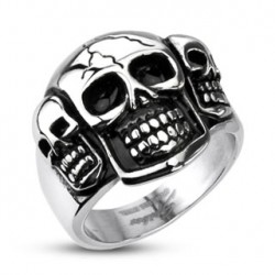 BAGUE CHEVALIERE HOMME ACIER INOXYDABLE 3 CRÂNES TÊTES DE MORT BIKER