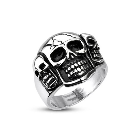 BAGUE CHEVALIERE HOMME ACIER INOXYDABLE 3 CRÂNES TÊTES DE MORT BIKER