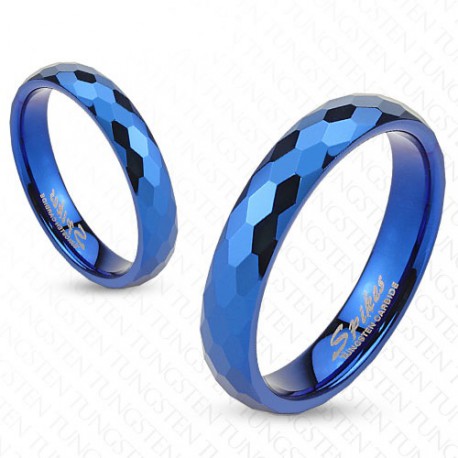 BAGUE ANNEAU DE FIANÇAILLE MARIAGE HOMME TUNGSTÈNE BLEU À FACETTES 4mm